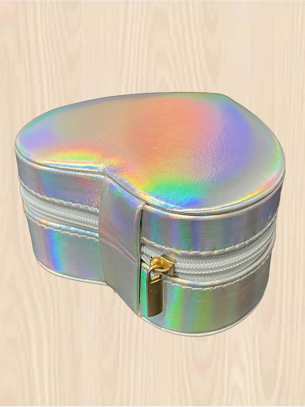 A New Day | Iridescent Heart-Shaped Jewelry Case with Gold Zipper
